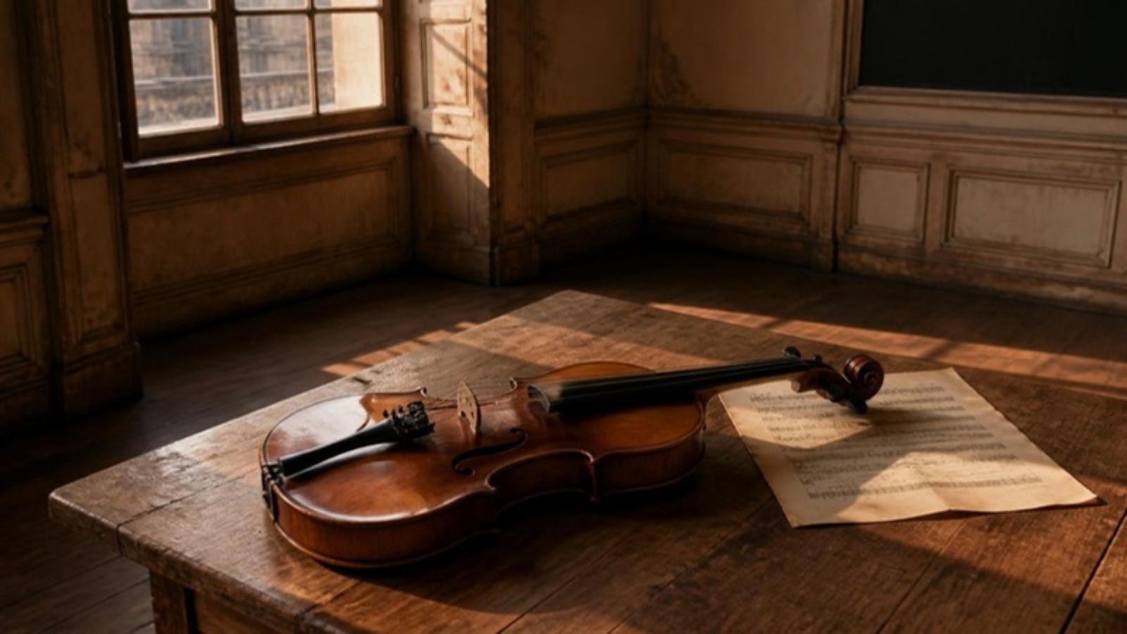 A violin lying on a wooden table in an old conservatory practice room, the setting of the 1993 Berlin study behind the 10,000-hour rule.