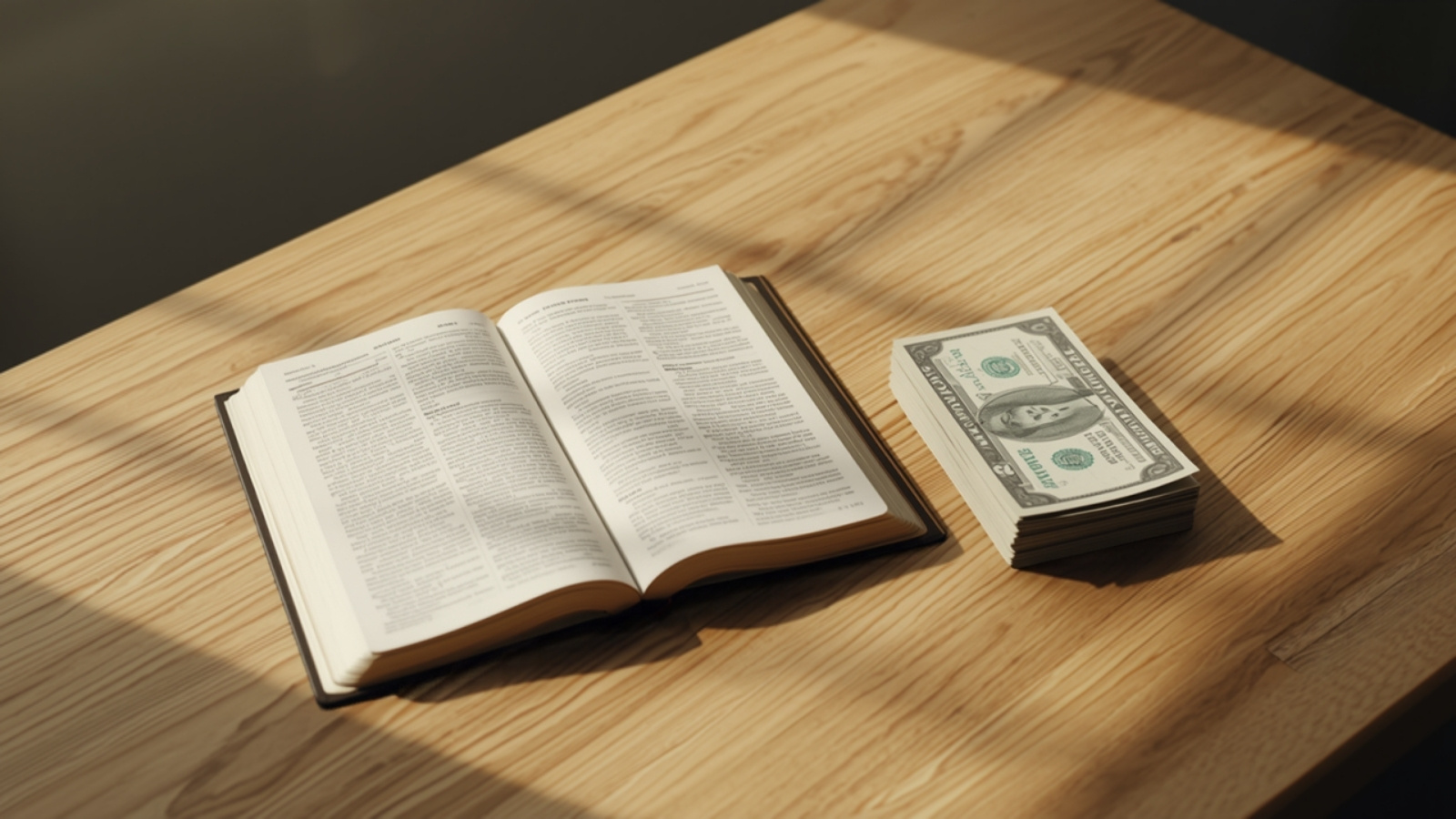 An open Bible on a wooden table next to a small stack of bills, the verse people misquote as “money is the root of all evil.”