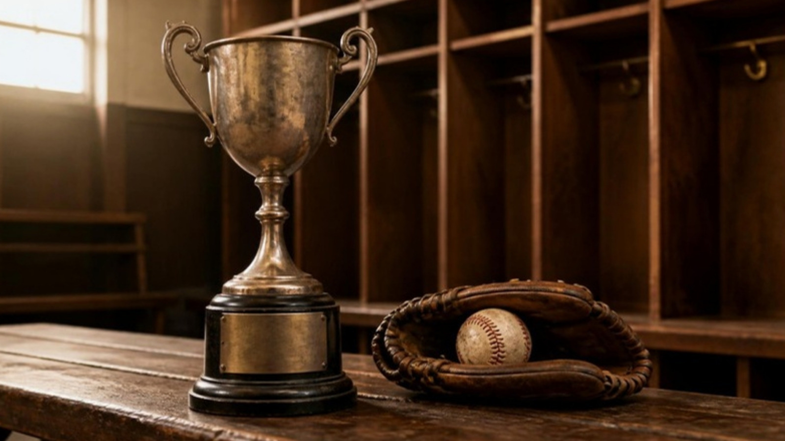 A first-place trophy and a worn baseball glove on a locker-room bench, the game Leo Durocher was talking about when he supposedly said nice guys finish last.