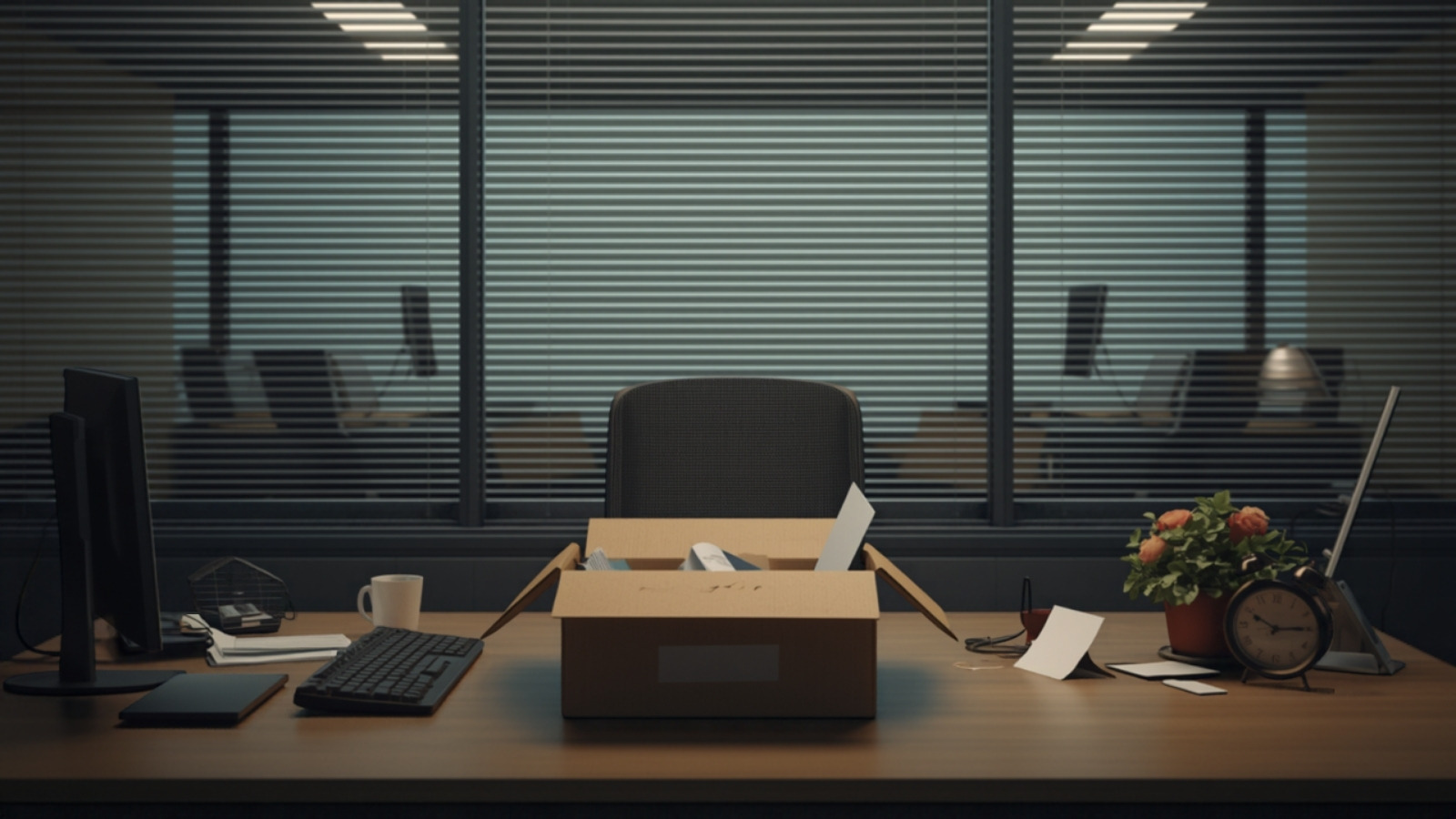 A cleared office desk with a packed cardboard box and an empty chair, somebody's last day before the retirement nobody can quite describe.