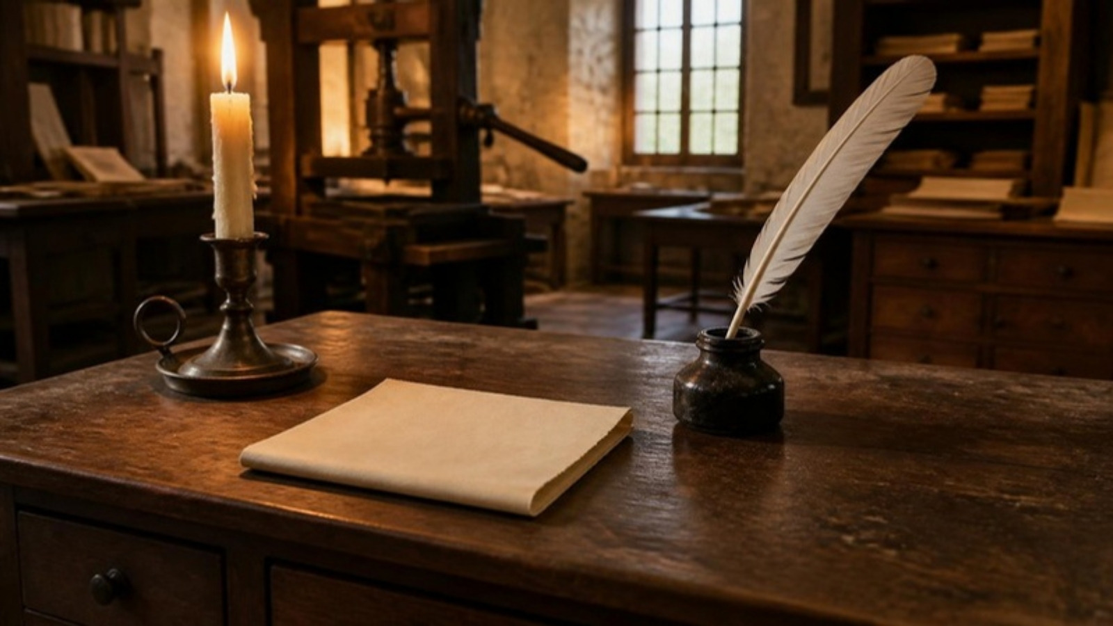A quill, inkwell, and folded letter on an eighteenth-century writing desk, where Benjamin Franklin wrote “time is money” in 1748.