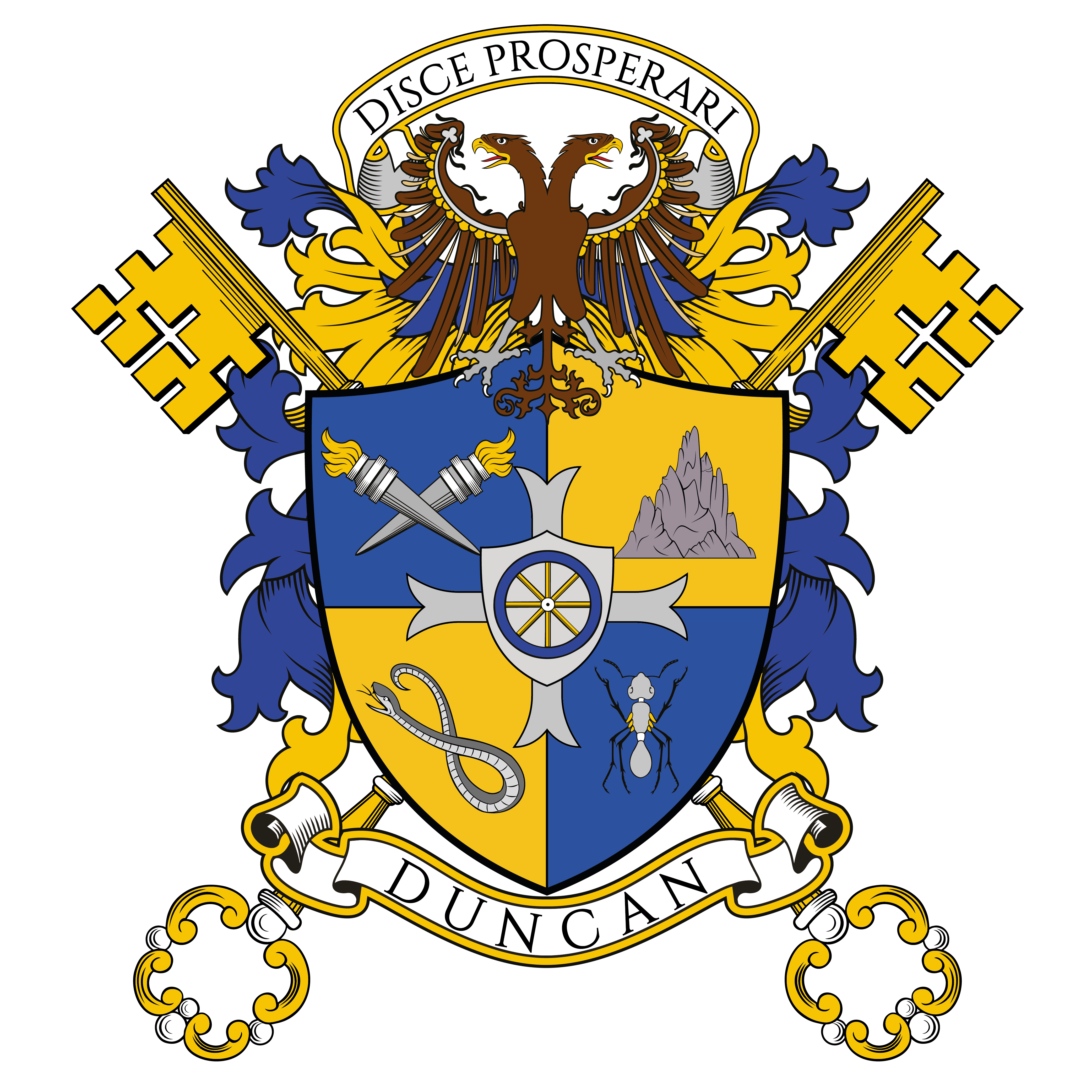 Duncan Family Crest featuring a two-headed eagle, keys, torches, and the motto Disce Prosperari &ndash; Learn to Prosper
